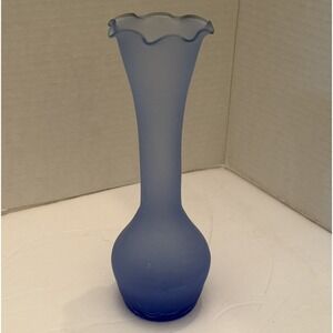 Vintage CRACKLE GLASS Bud VASES/FLUTED/RUFFLED Blue Art Glass‎ 8" Height